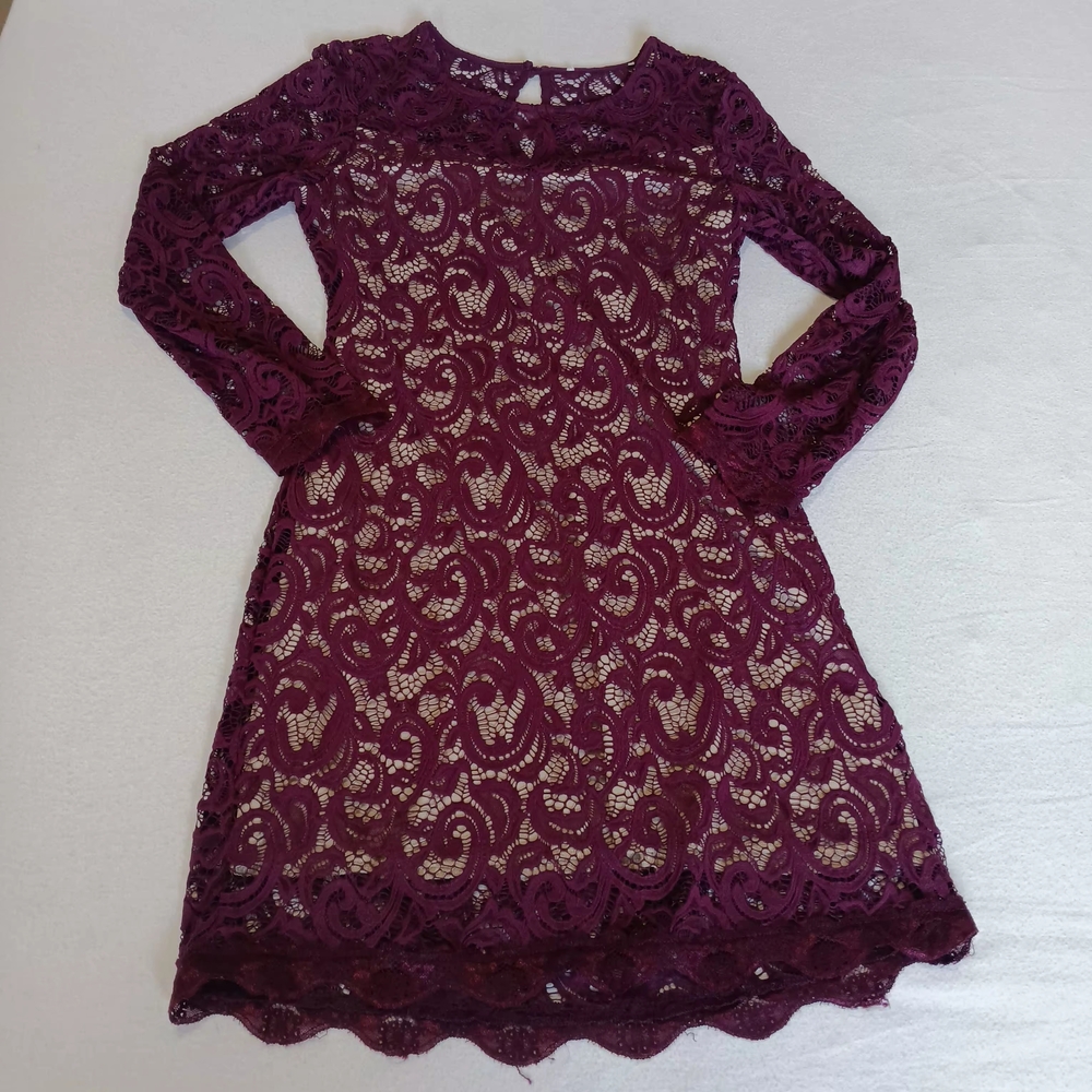 Women's Burgundy Lace Dress With Cream Slip & Sheer Long Sleeves